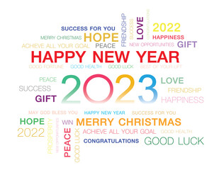 Obraz premium Greeting words around New Year date 2023 in many color. Happy New Year 2023 colorful negative space numbers word cloud text . Color text in Pride LQBTQ 
