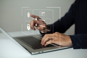 Person using laptop and touching virtual screen for two-factor authentication for safety use of social networks and access to information privacy