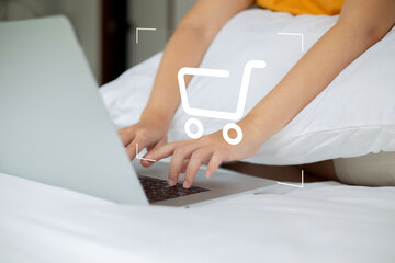 shopper using laptop and touch virtual screen online shopping. And online payment option or digital wallet online transaction concept.