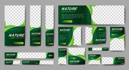 Nature banner design web template Set, Horizontal header web banner. Modern Gradient green cover header background for website design, Social Media Cover ads banner, flyer, invitation card