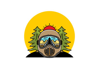 a trail helmet with a pine tree beside