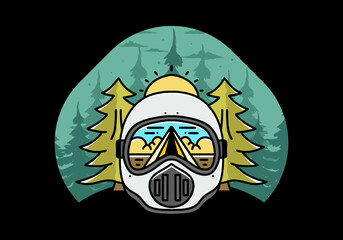 a trail helmet with a pine tree beside