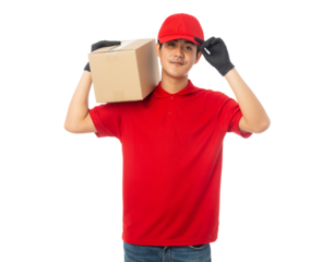 Asian delivery man with his boxes, Png file.
