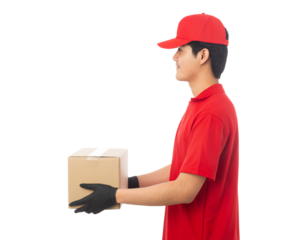 Asian delivery man with his boxes, Png file.