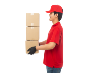 Asian delivery man with his boxes, Png file.