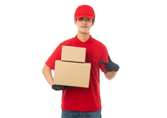 Asian delivery man with his boxes, Png file.