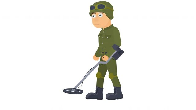 Sapper. Animation of a man with a metal detector, alpha channel is turned on. Cartoon