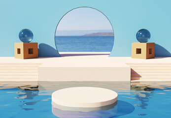 Beige podium in pool with blue spherical objects. Stand to show products. Stage showcase with ocean scene platform for presentation. Pedestal display. 3D rendering.