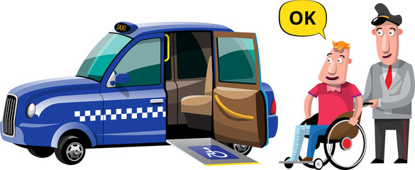 Cartoon taxi driver is escorting the wheelchair-bound passenger into the car