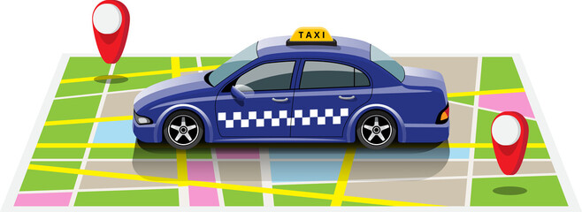 Cartoon taxi with pin on map illustration