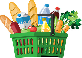 Shopping basket full of groceries illustration