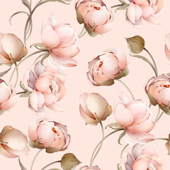 Seamless spring pattern with a bouquet of peonies. Vintage wallpaper with flowers in pastel colors - 522654936