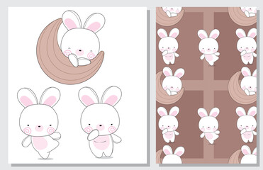 Flat cute set bunny illustration with seamless pattern
