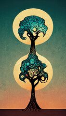 Tree of life, sacred symbol. Individuality, prosperity and growth concept. Retro style digital art.