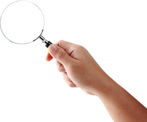 hand holding magnifying glass isolated, Clipping paths for design work empty free space mock up - obrazy, fototapety, plakaty