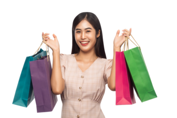 Beautiful young asian woman with shopping bags, Png file.