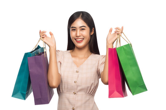 Beautiful Young Asian Woman With Shopping Bags, Png File.