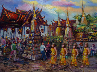  art oil painting  Chedis at Wat Pho Temple    bangkok Thailand    
