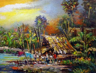Fototapeta na wymiar Art painting Oil color Thailand Countryside , rural life , rural thailand 