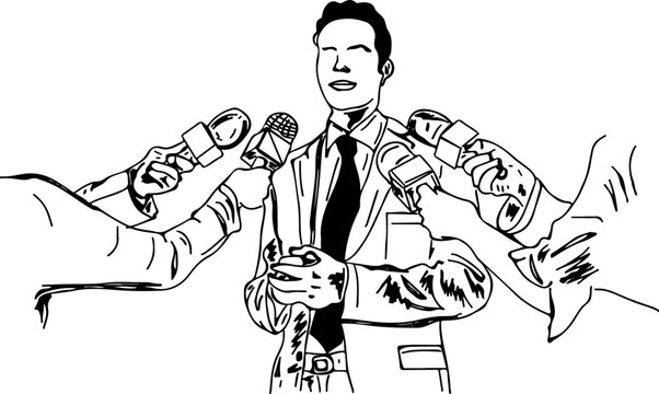 Press reporter taking interview of corporate stock image, Sketch drawing of row press mic , Silhouette of press reporter and camera man