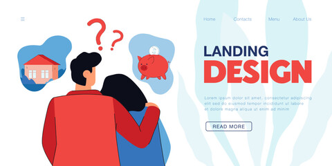 Couple thinking of buying home or saving money. Wife and husband planning budget, taking decision flat vector illustration. Family, finance concept for banner, website design or landing web page