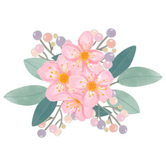 Watercolor sakura flower, Pink flora clipart.
