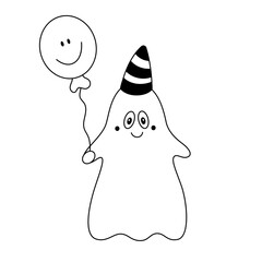 Doodle happy smiling cartoon ghost with balloon and festive cap on head.Kid halloween design element.Outline.Isolated on white background.