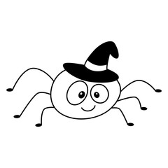 Doodle halloween cute spider with witch hat on head. Cartoon happy kind insect.Childish festive clipart.Outline.Sketch.Isolated on white background.