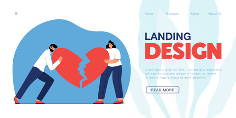 Couple holding two parts of broken heart. Tiny man and woman with marriage problem flat vector illustration. Crisis of relationship, breakup concept for banner, website design or landing web page