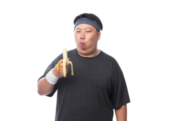 Young Asian funny fat sport man with bananas, Png file.
