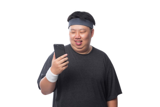 Young Asian fat sport man using smartphone, Png file.