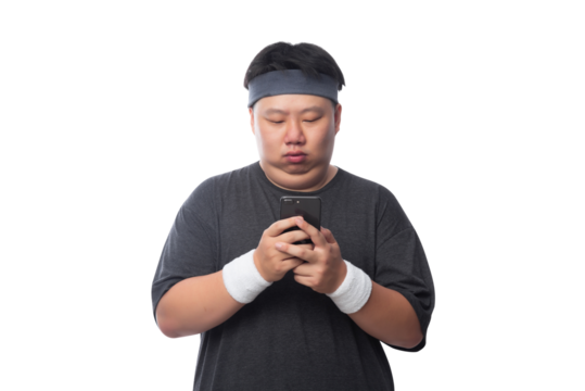 Young Asian fat sport man using smartphone, Png file.