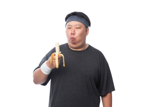Young Asian funny fat sport man with bananas, Png file.
