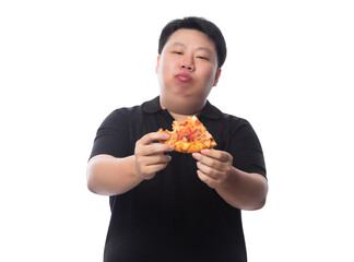 Young Funny Fat Asian man with pizza, Png file.