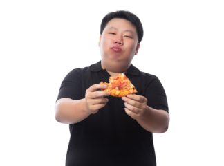 Young Funny Fat Asian man with pizza, Png file.