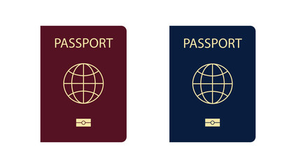 International biometric black and blue passport isolated on white background. Set of blue and red passport. International identification document icon.