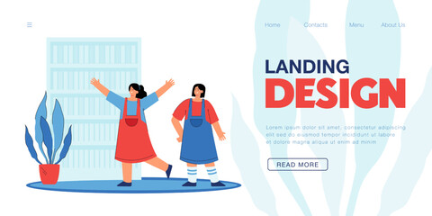 Cute little cartoon girls in library or bookstore. Happy children in bookshop flat vector illustration. Education, knowledge, literature concept for banner, website design or landing web page