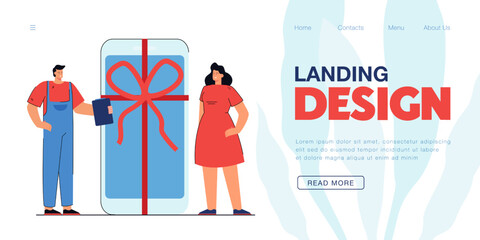 Courier delivering huge smartphone with ribbon to client. Woman getting mobile phone as gift flat vector illustration. Delivery service, technology concept for banner, website design or landing page