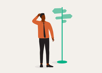 One Young Black Man In Businesswear Scratching Head And Standing Beside Road Sign Undecided Which Direction To Choose. Full Length. Flat Design Style, Character, Cartoon.