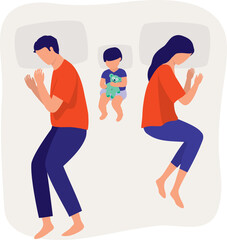 Baby Sleeping In The Middle Between Of The Father And Mother On The Bed. Full Length. Flat Design Style, Character, Cartoon.