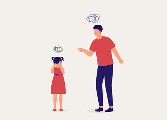 Angry Father Scolding His Young Daughter. Rebellious Little Girl Do Not Want To Listen To Her Father. Full Length. Flat Design Style, Character, Cartoon.
