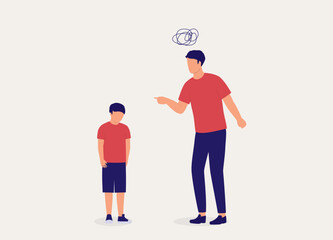 Angry Father Disciplining His Son. Boy Feeling Sorry And Guilty. Full Length. Flat Design Style, Character, Cartoon.
