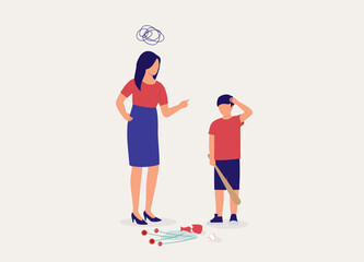 Angry Mother Scolding Her Naughty Son. Boy Broke His Mother Flower Vase While Playing With His Baseball. Full Length. Flat Design Style, Character, Cartoon.