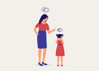 Angry Mother Scolding Her Young Daughter. Rebellious Little Girl Do Not Want To Listen To Her Mother. Full Length. Flat Design Style, Character, Cartoon.