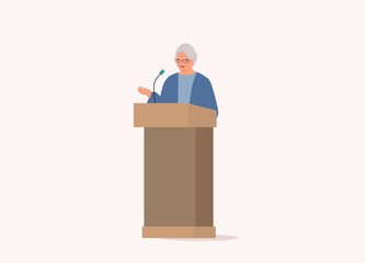 One Smiling Senior Businesswoman Standing At A Podium Giving Speech. Full Length. Flat Design Style, Character, Cartoon.