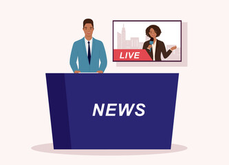 Smiling Black Male News Anchor At Studio Communicating With The Female Journalist On TV Monitor About A Live Event. Full Length. Flat Design Style, Character, Cartoon.