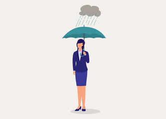 One Businesswoman Standing Under An Umbrella With Rain Pouring Down From Dark Cloud. Full Length. Flat Design Style, Character, Cartoon.