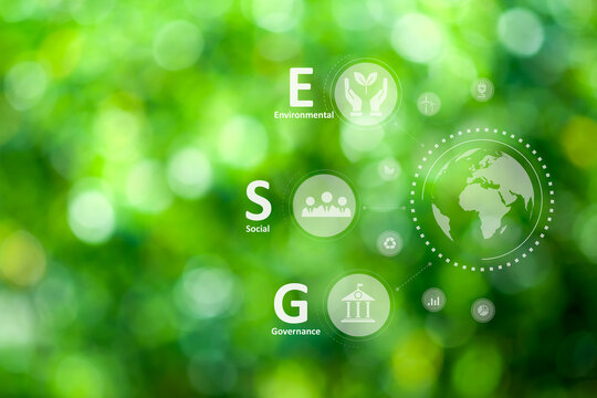 Sustainable Business Or Green Business Background With ESG Icon Concept For Environmental, Social, And Governance In Sustainability And Ethical Business On The Network Connection On A Green Background