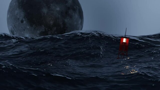 On a full moon night, waves crashing into buoys in the middle of the sea. 3d