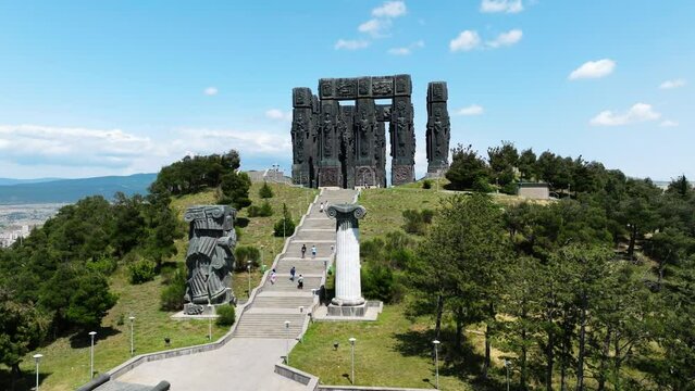 Scenic View Of The Chronicle Of Georgia In Tbilisi During Daytime - aerial drone shot